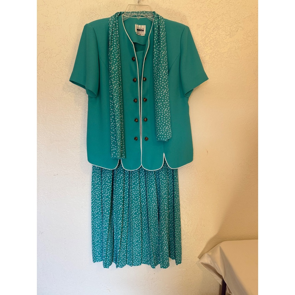 Leslie Fay Vintage Teal Green 3 Piece Skirt Suit Polka Dot Scarf Petite 14WP